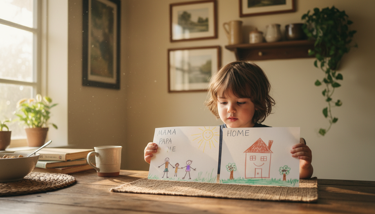 Eye-level view of a child holding two family drawings at a kitchen table