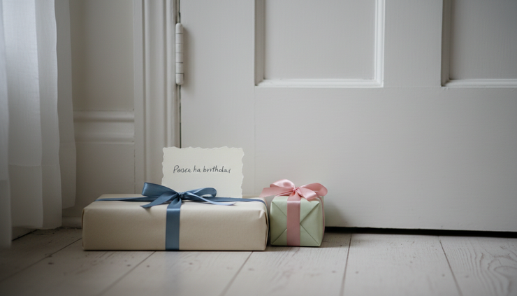 Close-up of wrapped birthday presents placed beside a closed bedroom door