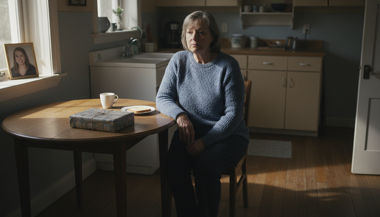 Eye-level view of a parent sitting alone beside a wrapped birthday gift