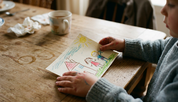 Close-up view of a child’s hands holding a half-finished drawing at a kitchen table.