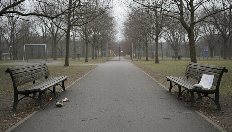 Wide-angle view of an empty playground path between two benches