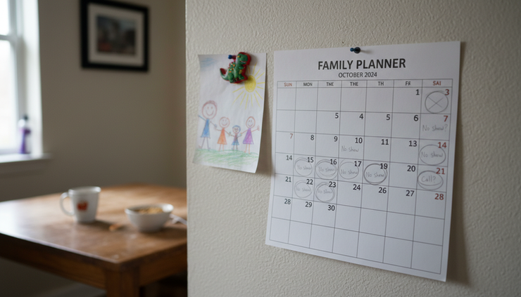 Close-up of marked dates on a family calendar hanging on a kitchen wall.