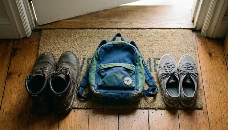 Overhead view of a child’s backpack placed between two pairs of shoes near a doorway.