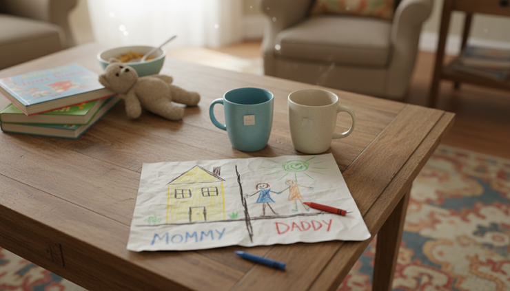 Overhead view of two mugs and a child’s drawing on a small home table.