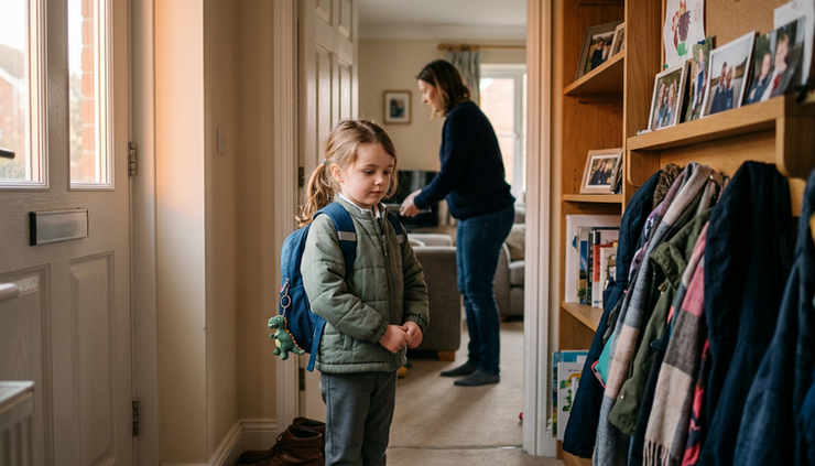 Eye-level view of a child standing quietly in a hallway with a backpack after returning from contact