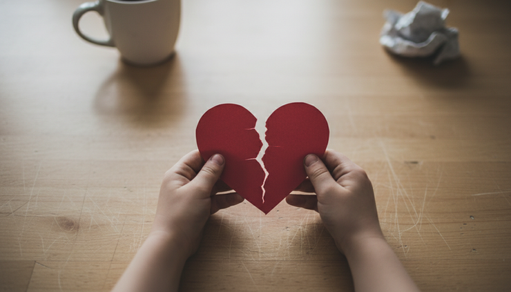 Overhead view of a child’s hands holding a paper heart torn into two pieces