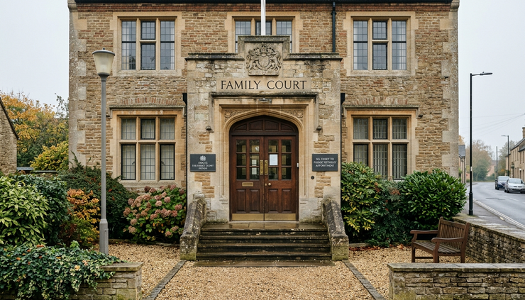 Eye-level view of a family court building entrance on a quiet morning