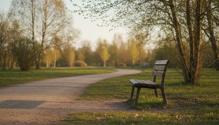 Eye-level view of an empty park bench beside a footpath in soft evening light