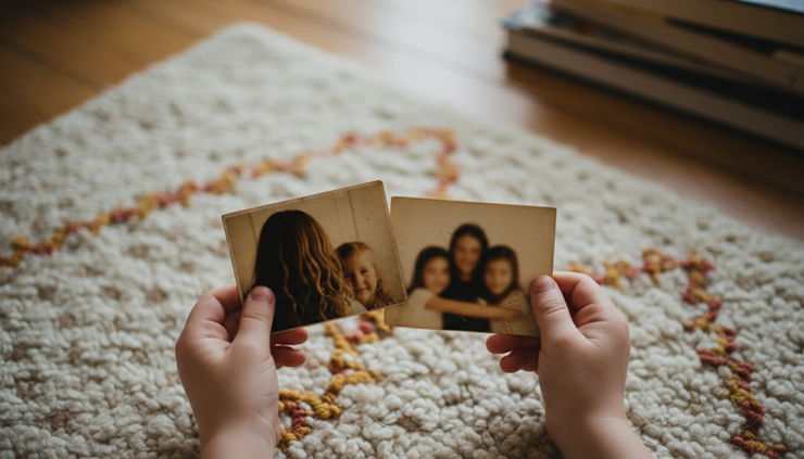 Overhead view of a child holding two family photographs on a soft rug