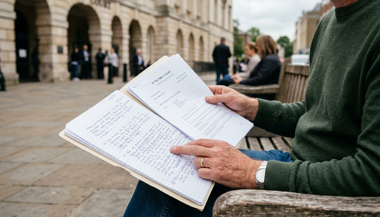 Close-up view of handwritten notes and court papers held on a wooden bench