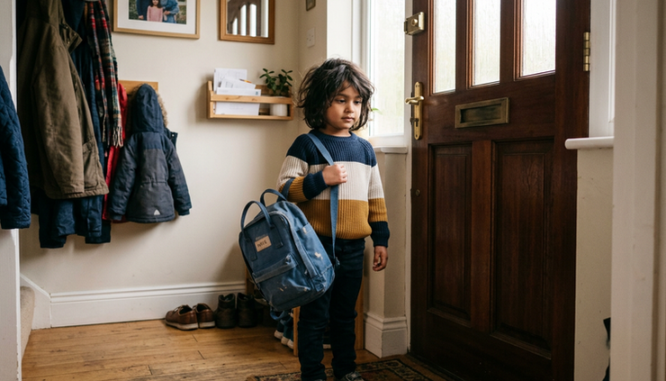Eye-level view of a child holding a backpack beside a front door after returning home.