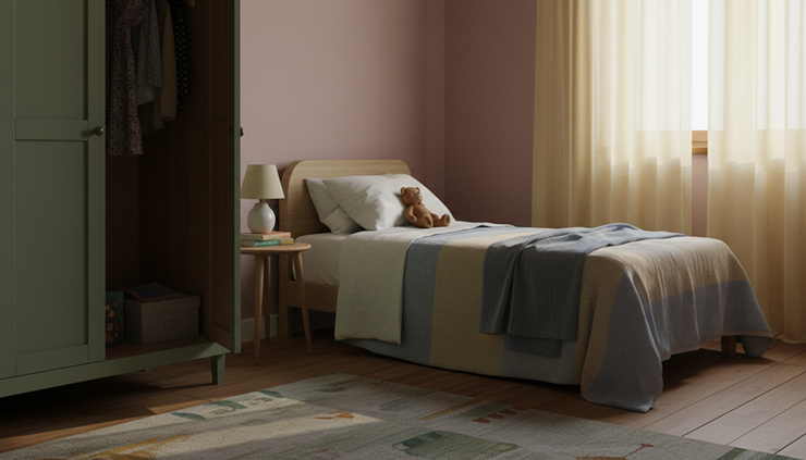 Eye-level view of an empty child’s bedroom with soft morning light