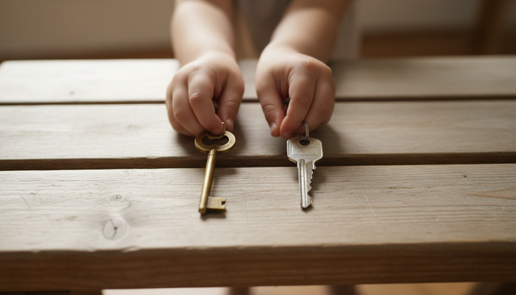 Close-up view of two small hands holding separate house keys on a wooden bench