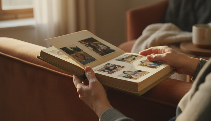 Close-up view of a parent’s hands holding an open family photo album