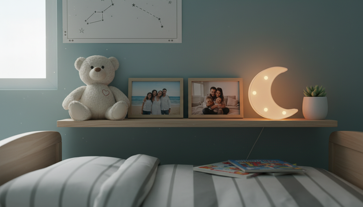 Wide-angle view of a child’s bedroom with two framed family photos on a shelf