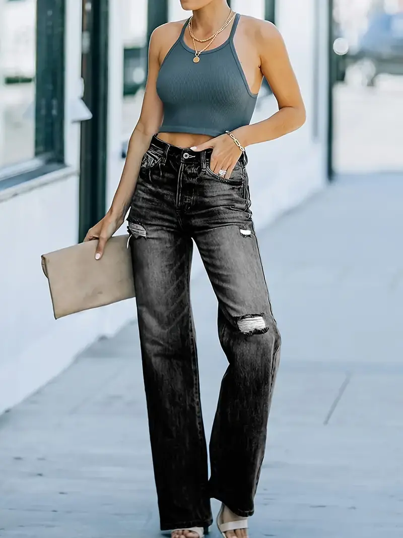 Chic High Waist Ripped Denim Flares