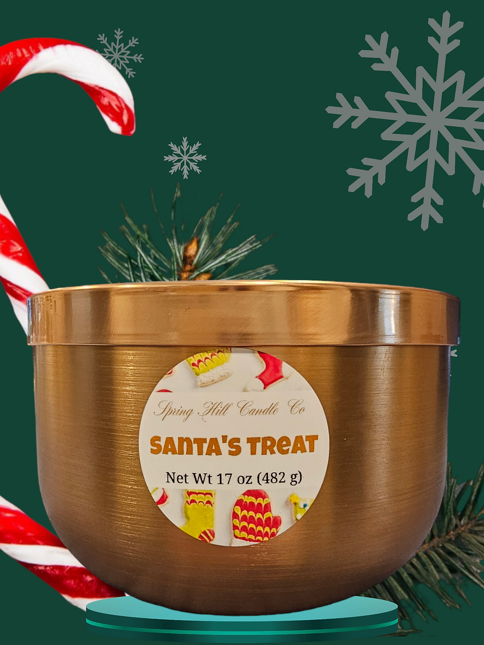 Thumbnail: Santa's Treat 17oz Vegan Candle in Brushed Rose Gold Tin Jar with Gold Tin Lid