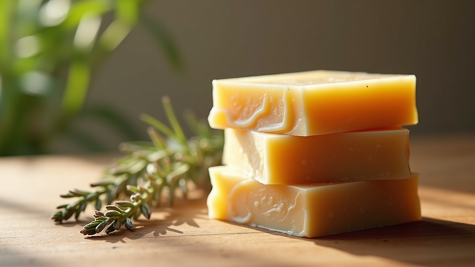 close-up view of herbal soap bars stacked on wooden surface