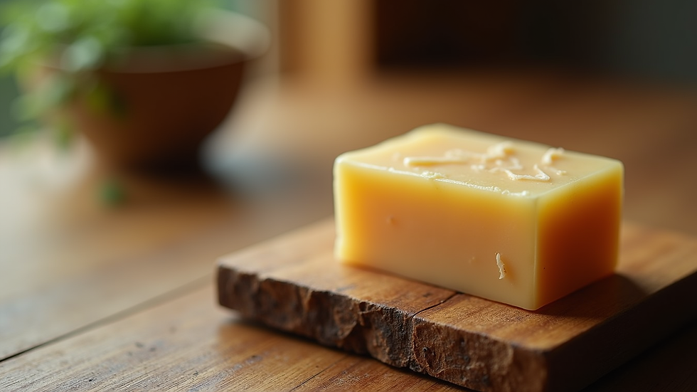 close-up view of kasthuri manjal soap bar on wooden surface
