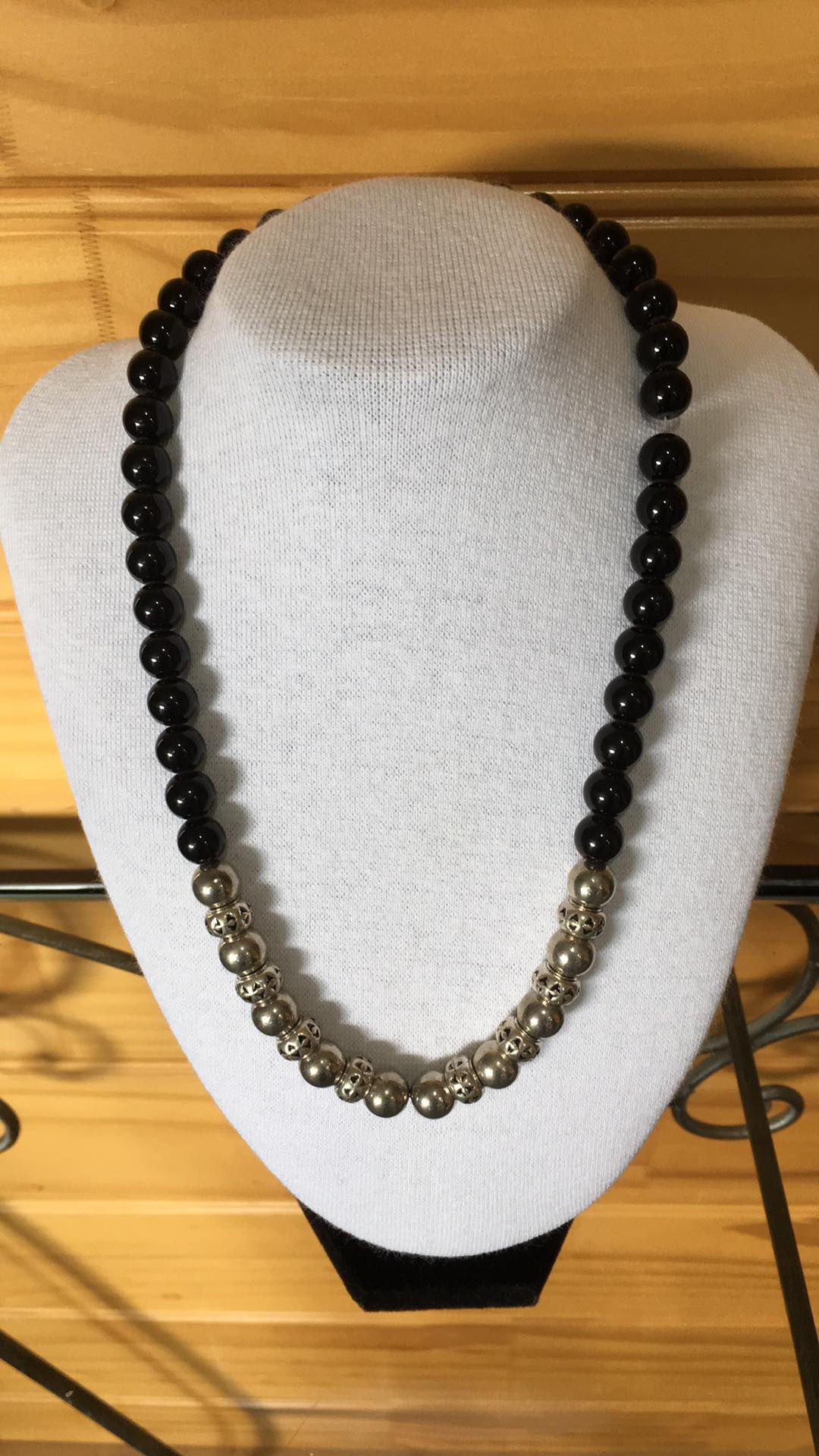 Black & Silver Round Beads Necklace on white