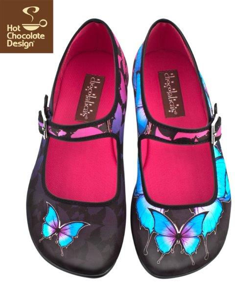 Thumbnail: Front Dark Butterfly - Hot Chocolate Design Mary Jane Flat Shoes