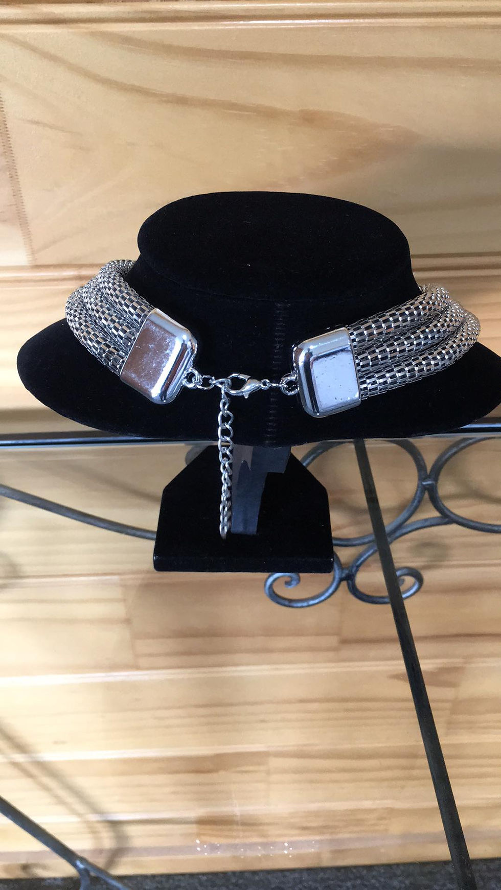 Thumbnail: Silver Tone 3 Mesh Cords Necklace on black. clasp view