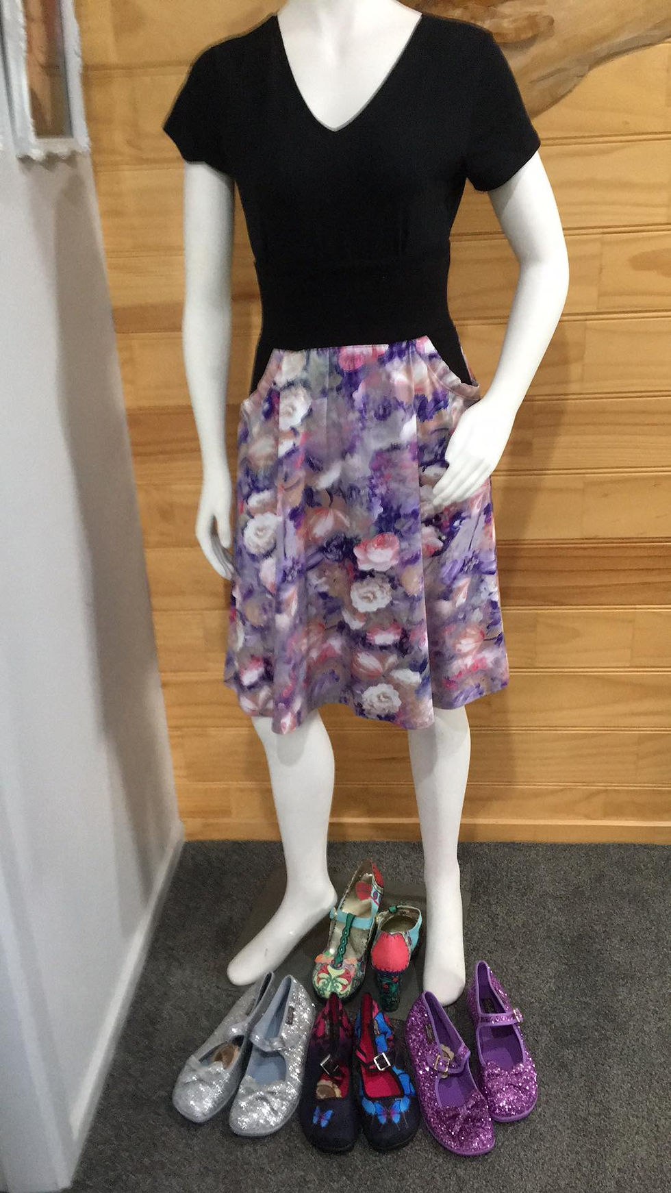 Thumbnail: Wide black stretch waistband, 2 hip pockets, Lilac Floral Skirt without Tulle Petticoat, Front View