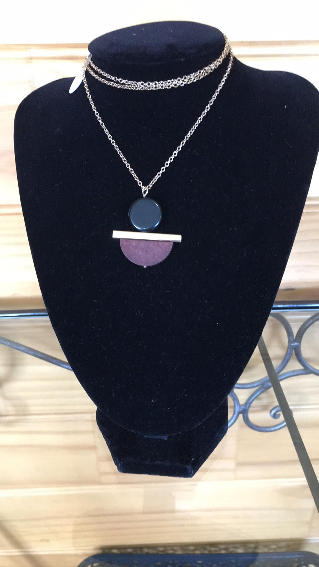 gold tone Half Circle Wood Necklace on black