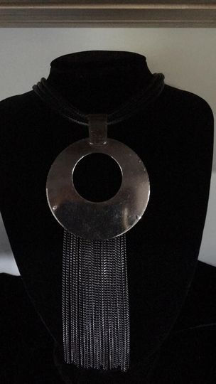 Thumbnail: Flat Disk & Tassels Necklace on black
