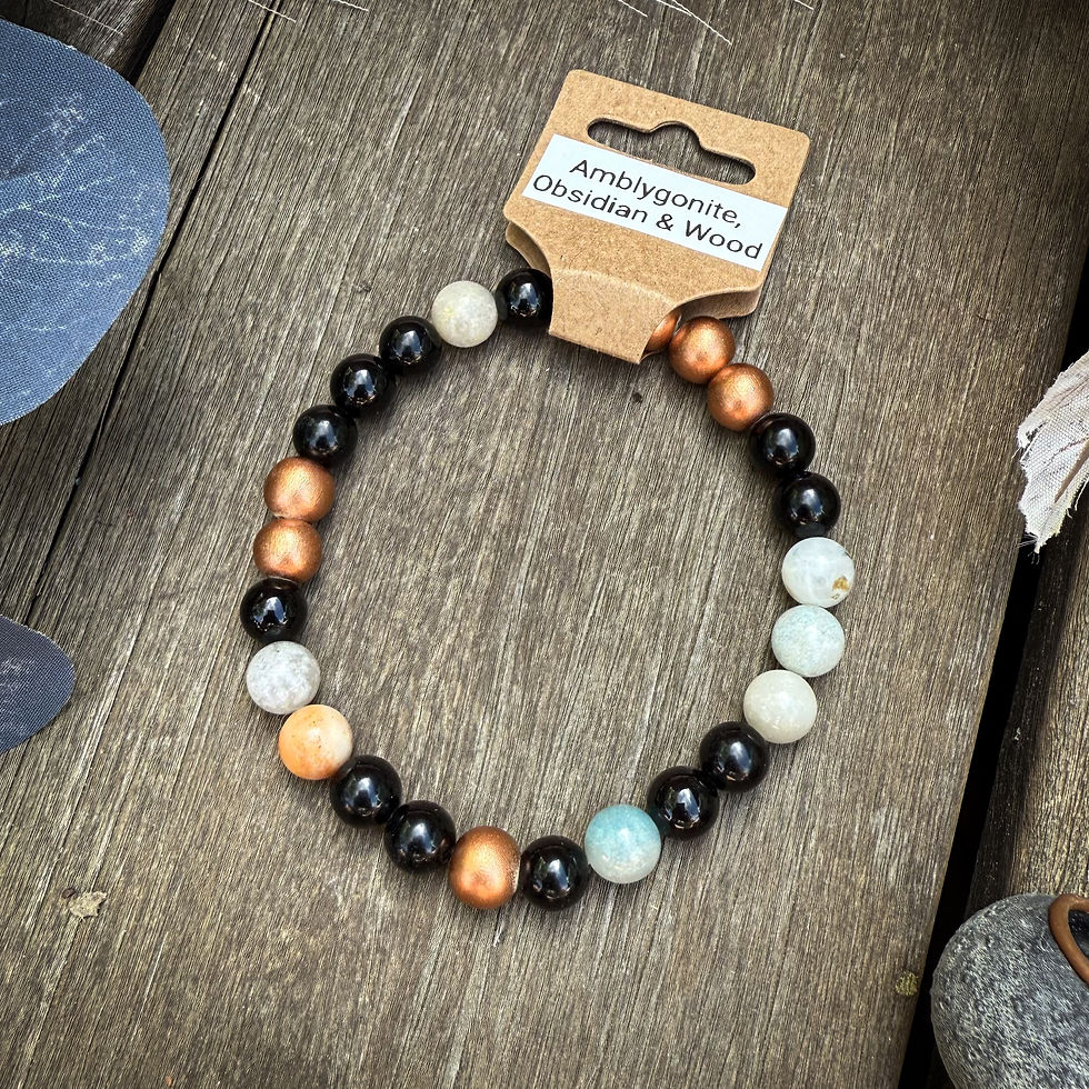 Amblygonite, Obsidian & Wood Bracelet