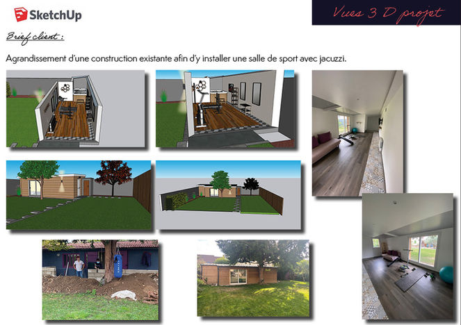 Proposition d'aménagement et de décoration intérieur en 3D. Extension à rénover en salle de sport