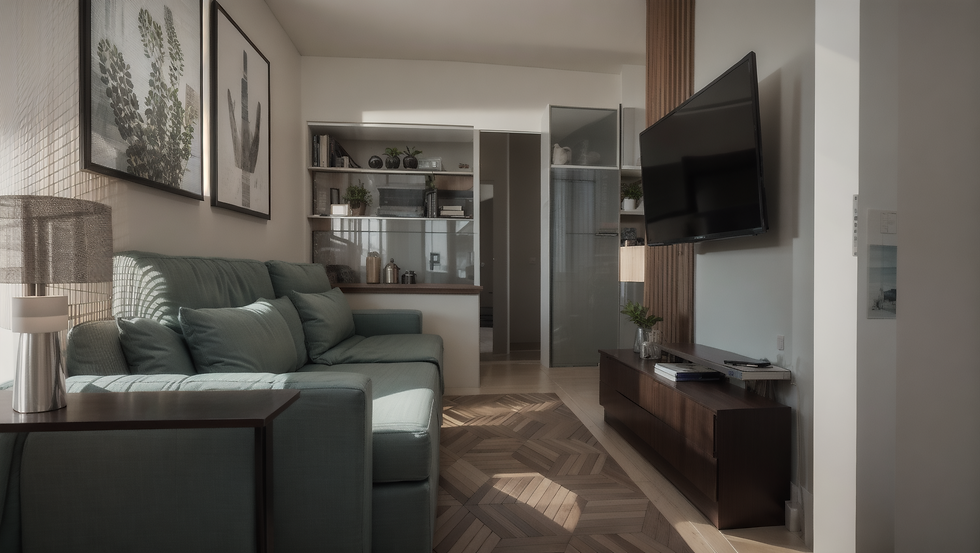 Render da sala de estar do Studio do Bëos