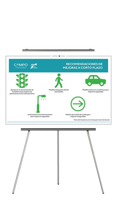 Las diapositivas con el título 'Recomendaciones de mejora a corto plazo' muestran posibles mejoras a corto plazo a lo largo del corredor de Parmer Lane, incluyendo ajustes en el tiempo de los semáforos, banquetas, cambios en los camellones, iluminación en intersecciones y ampliación de carriles de vuelta. Haga clic para ampliar.