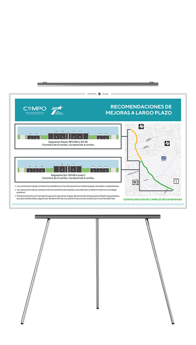 La diapositiva titulada 'Recomendaciones de mejora a largo plazo' muestra la configuración recomendada de carriles para el futuro del corredor de Parmer Lane, con diagramas de los segmentos norte y sur y un mapa que destaca la ruta de estudio. Haga clic para ampliar.