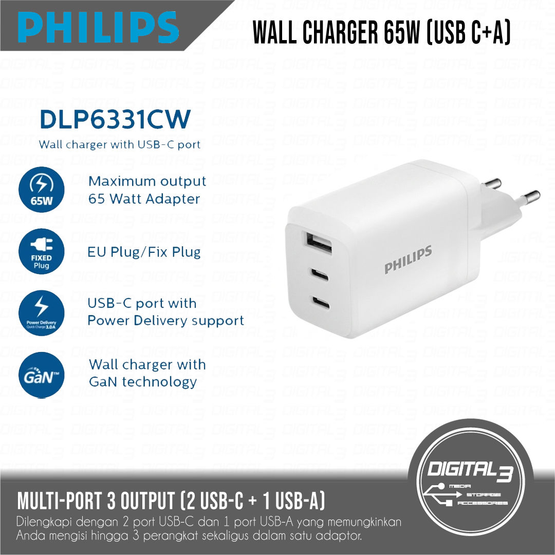 Philips DLP6331CW 65W GaN Charger with 2 USB-C and 1 USB-A Fast Charging PD QC