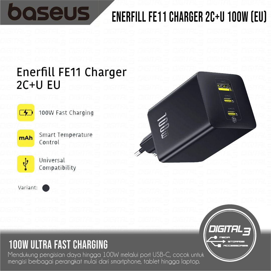 Baseus EnerFill FE11 Charger 100W GaN Fast Charging (2 USB-C + USB-A)