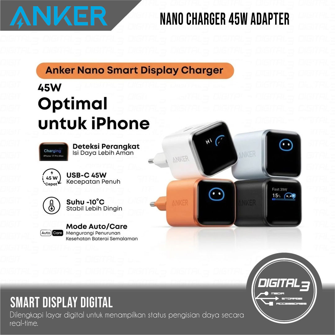 Anker Nano 45W A121D GaN Fast Charger USB-C with Smart Digital Display
