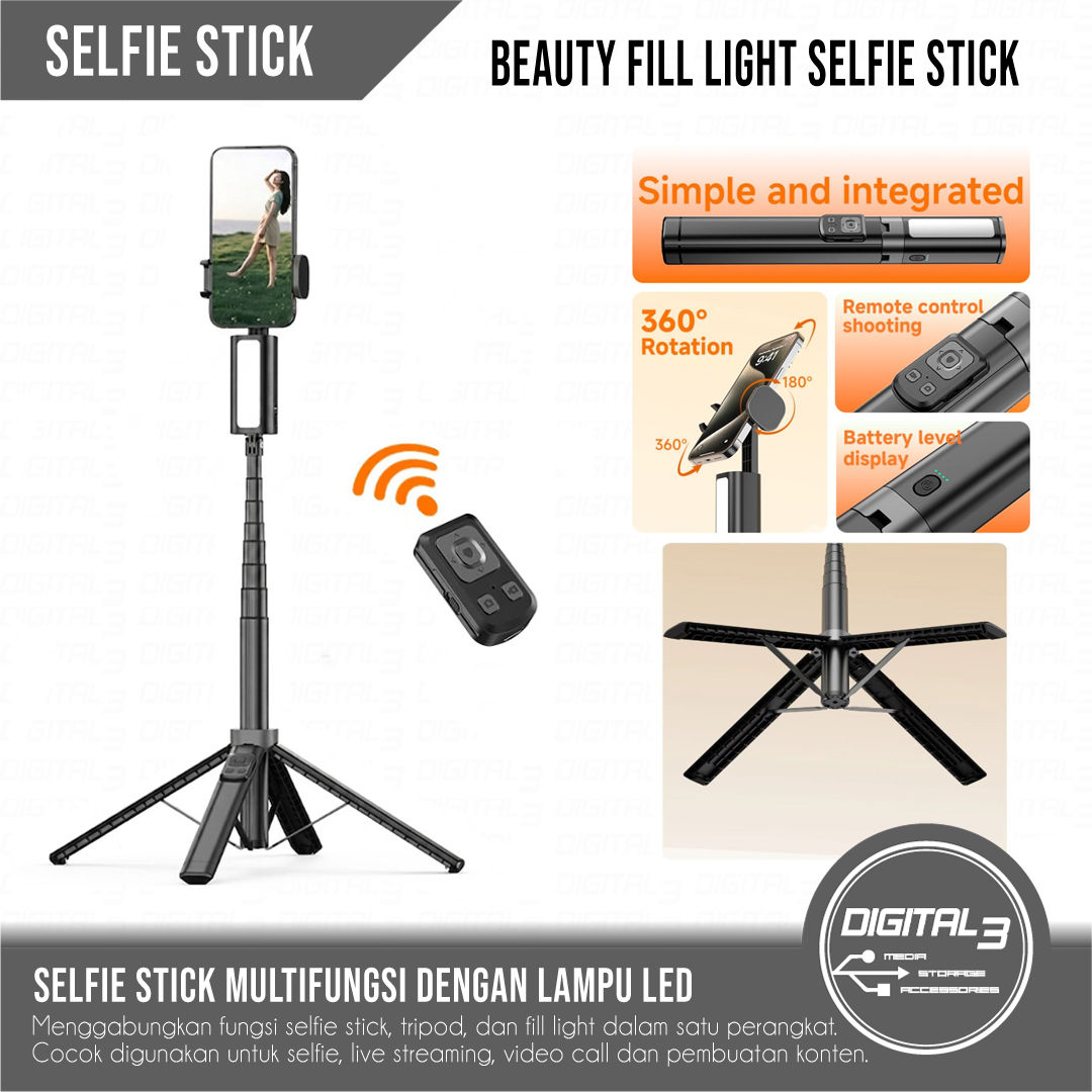 Selfie Stick Tripod Multifunctional 150cm with LED Fill Light (3 Color Modes)
