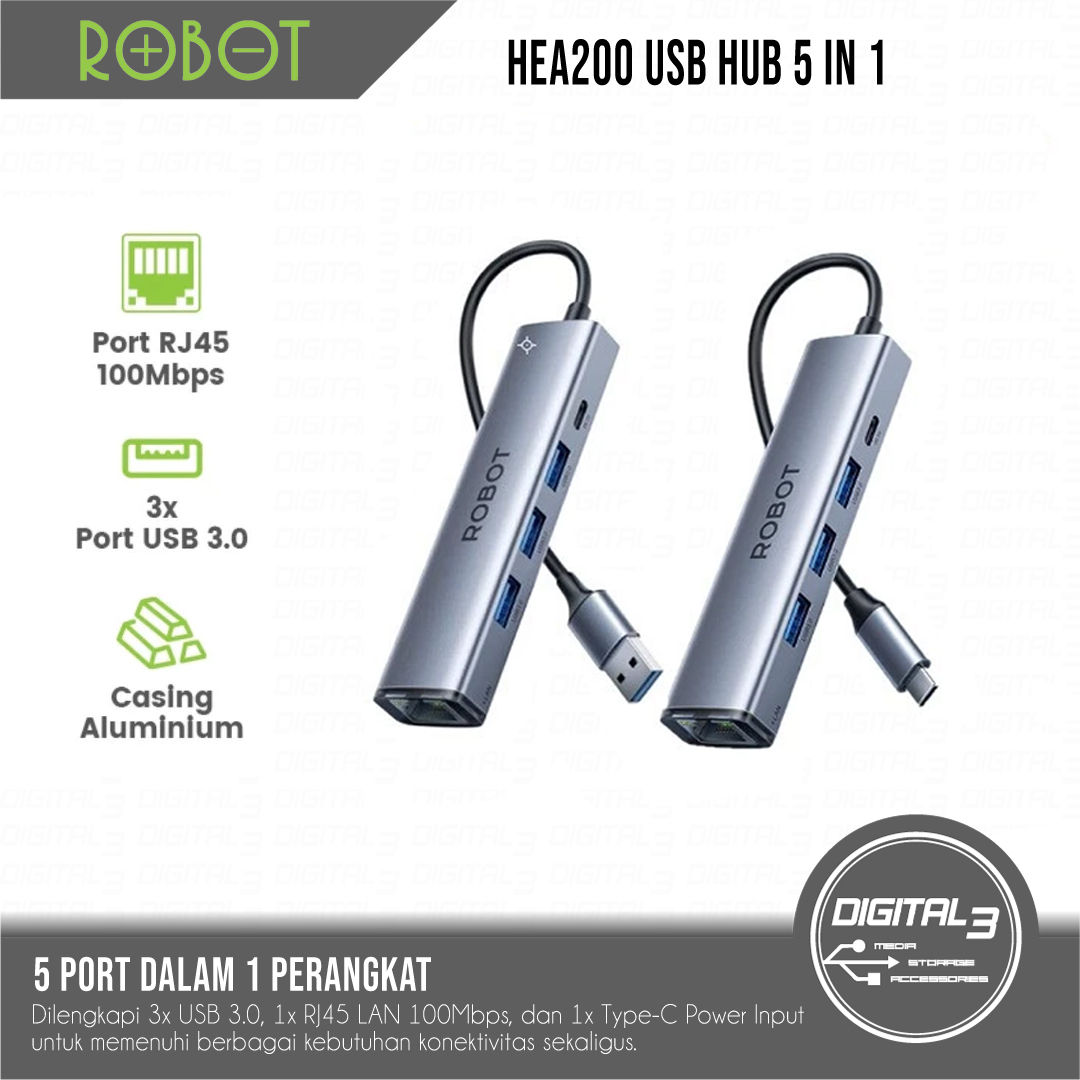ROBOT HEA200 USB Hub 5-in-1 USB 3.0 High-Speed ​​5Gbps RJ45 LAN Ethernet 100Mbps