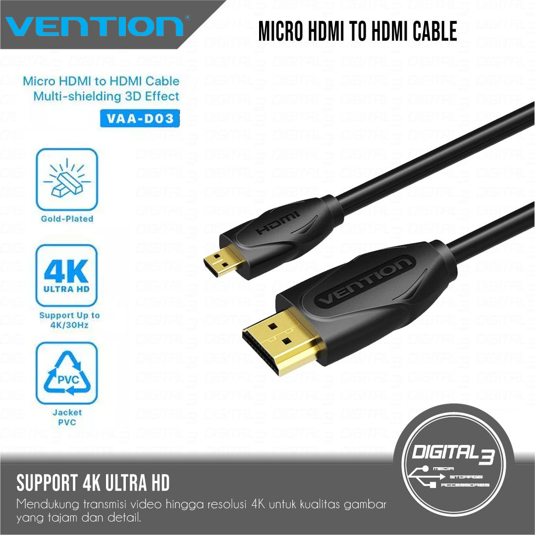VENTION HDMI to Micro HDMI Male Cable D03 4K 30Hz 3D High Speed 10Gbps Gold-Pl
