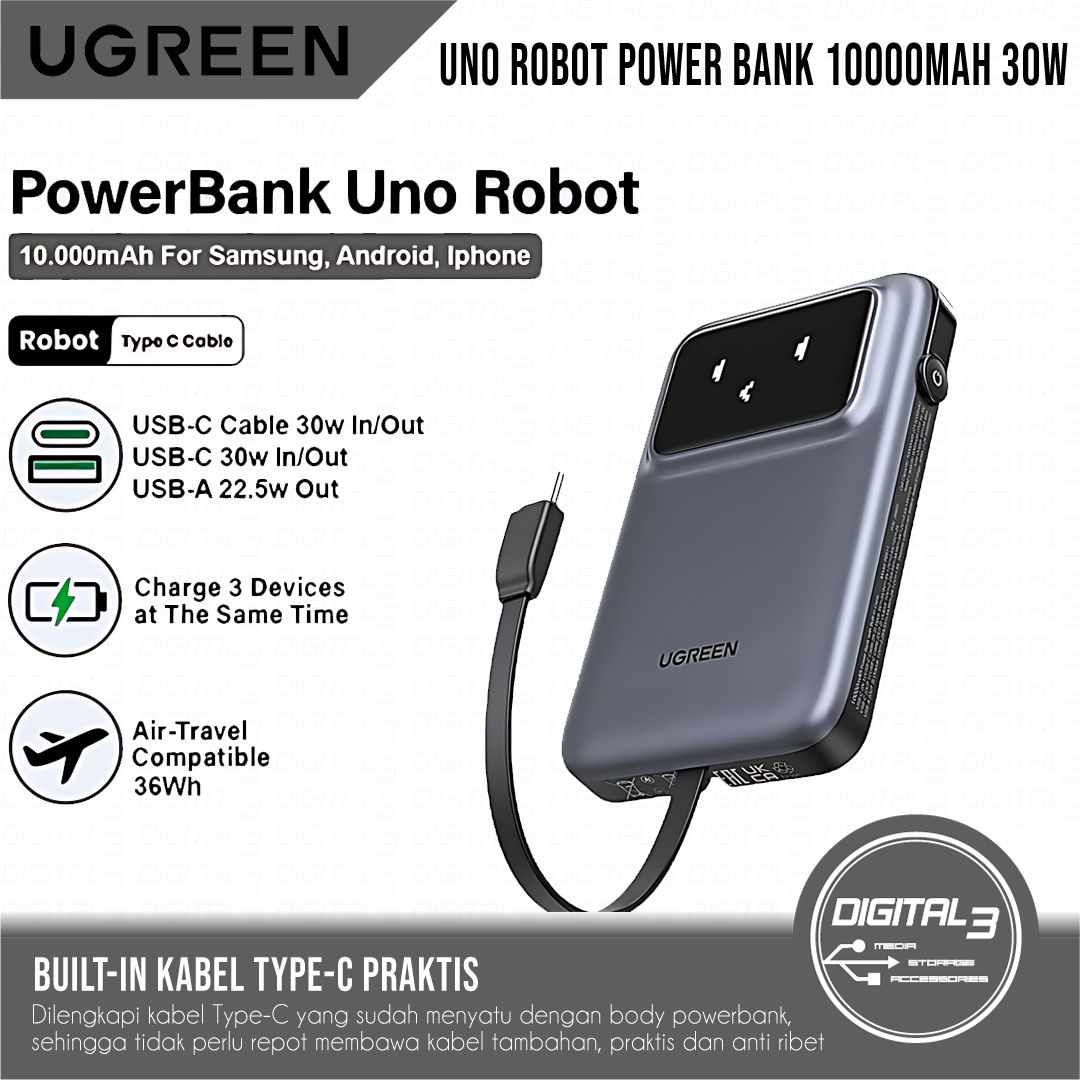 UGREEN UNO Robot Power Bank 10,000mAh PD Fast Charging 30W Built-In Type-C Cable