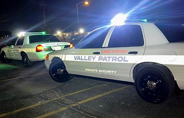 Picture of two security patrol cars with thier over head lights activated.