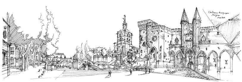 croquis du Chateau des Papes à Avignon (France), dessiné à l'aide d'un stylo à encre noir et d'un carnet de croquis en août 2013.