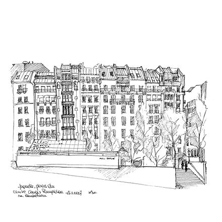 croquis de façades parisiennes, atelierbrancusi, en face du centre Georges Pompidou, déssinées à l'aide d'un stylo à encre noir et d'un carnet de croquis en novembre 2007.