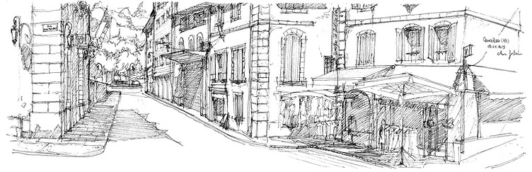 croquis d'une place de Cavaillon (France), dessiné à l'aide d'un stylo à encre noir et d'un carnet de croquis en août 2008.