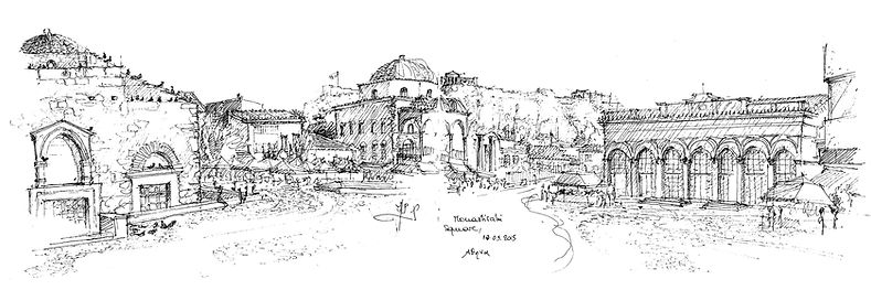 croquis de la place Monastiriki à Athènes (Grêce), dessiné à l'aide d'un stylo à encre noir et d'un carnet de croquis en septembre 2015.