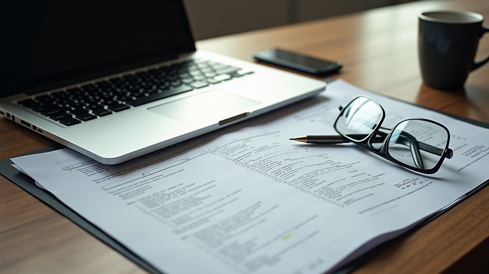 High angle view of a desk with patent documents and a laptop