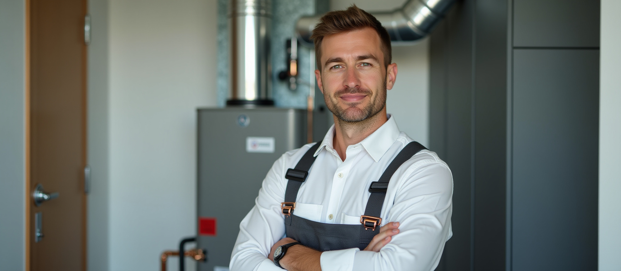 Smiling man in uniform stands in front of HVAC unit, Aaron’s A/C & Mecha