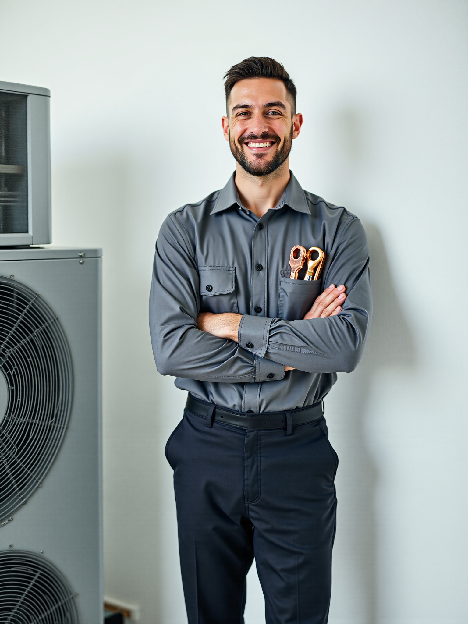 Smiling technician stands confidently, arms crossed, near HVAC system. Aaron’s A/C & Mecha