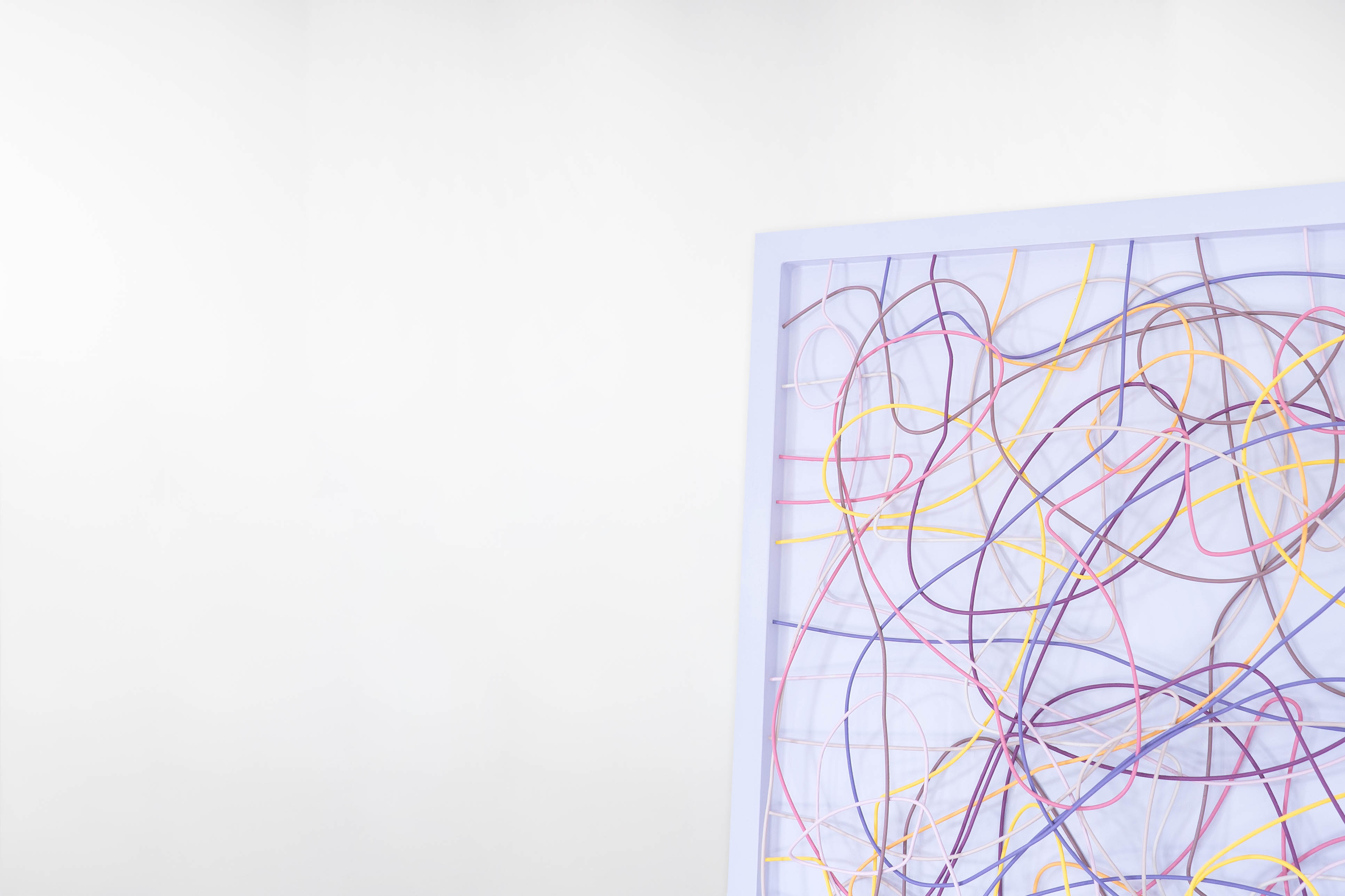 Close-up detail of Cam Hunt’s Toyco series artwork showing pastel pink, yellow, purple, peach and brown wires weaving and looping inside a white shadow box frame.